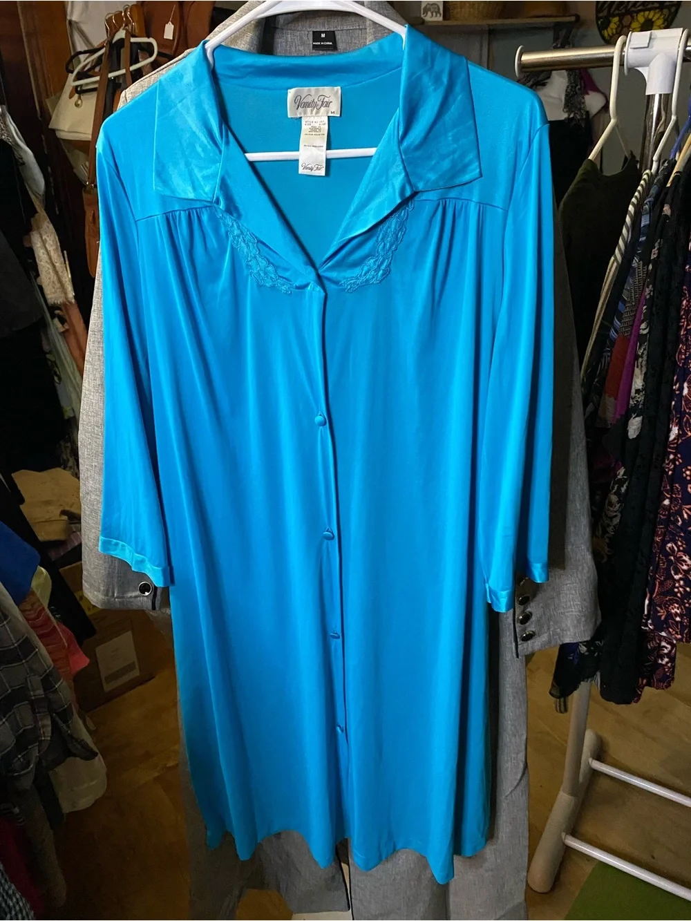 Vanity Fair Bright Turquoise Satin Button-Front Nightgown
